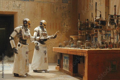 Two droids examine equipment, ancient hieroglyphs on the walls.