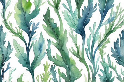 Watercolor pattern with algae or herbs on a white background. Backdrop, background