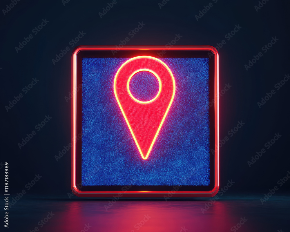 A neon location pin icon in a glowing square frame against a dark background, symbolizing navigation and geolocation. A neon location pin icon in a glowing square frame against a dark background, symbolizing navigation and geolocation.