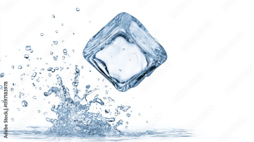 A dynamic splash of water accompanies a single, glistening ice cube in mid-air, symbolizing freshness, vitality, and the transient beauty of fleeting moments. A dynamic splash of water accompanies a single, glistening ice cube in mid-air, symbolizing freshness, vitality, and the transient beauty of fleeting moments.