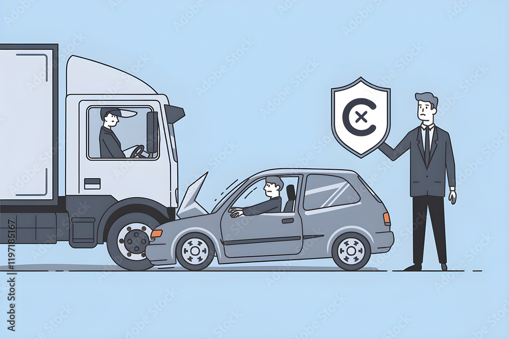 Car Insurance Concept with Driver and Truck Collision Scene Car Insurance Concept with Driver and Truck Collision Scene