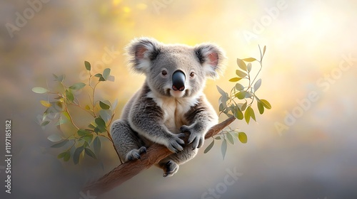 A koala in delicate watercolor tones, sitting peacefully in a eucalyptus tree under soft sunlight, ultra-realistic, photo realistic, highly detailed, 
