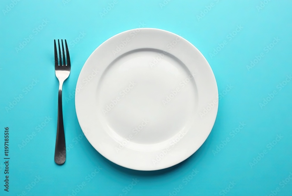 Empty White Dish with Fork on Blue - High-Quality AI Image Empty White Dish with Fork on Blue - High-Quality AI Image