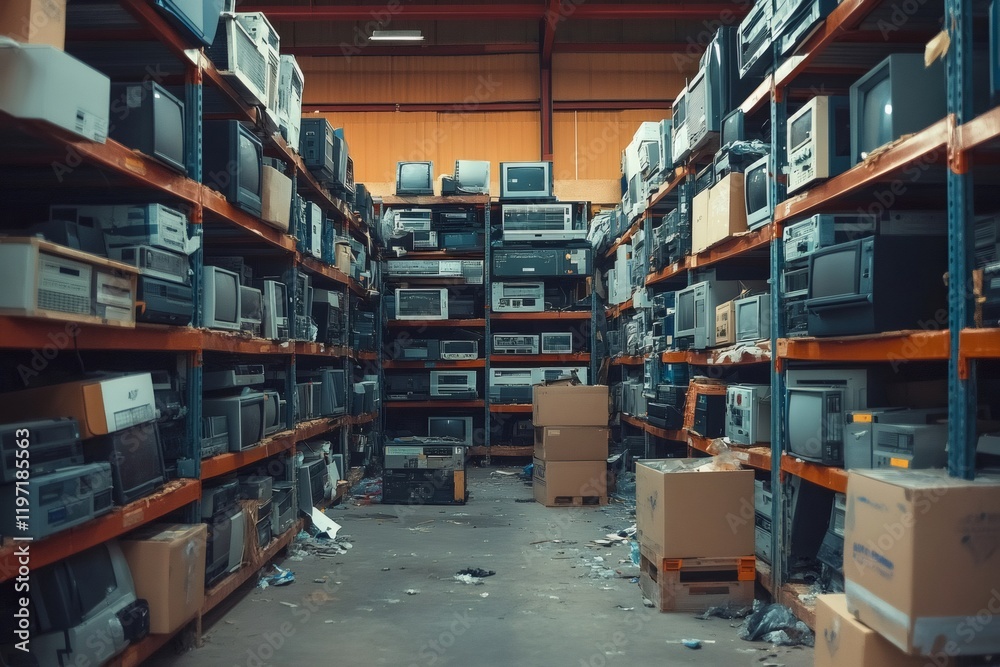 Obraz premium Warehouse storing old televisions, computers and other electronics