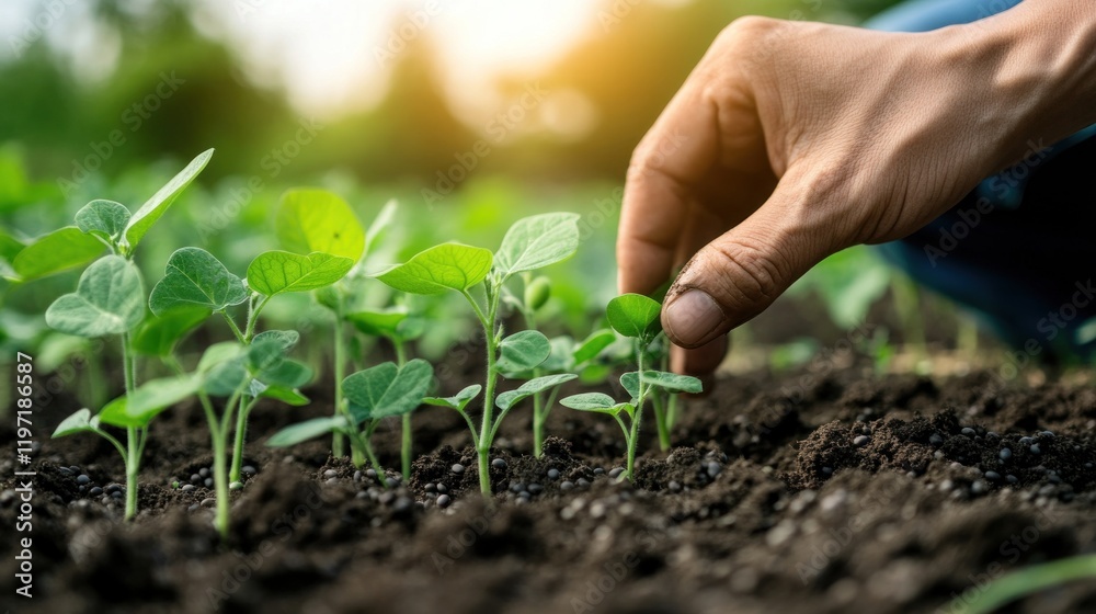 Cultivating Life: A Farmer's Gentle Touch Nurtures Young Soybean Sprouts Cultivating Life: A Farmer's Gentle Touch Nurtures Young Soybean Sprouts