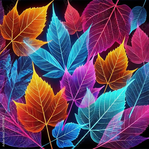 Transparent bright autumn leaves in neon color
 photo
