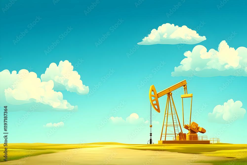 Fototapeta premium Pumpjack Illustration Sunny Field