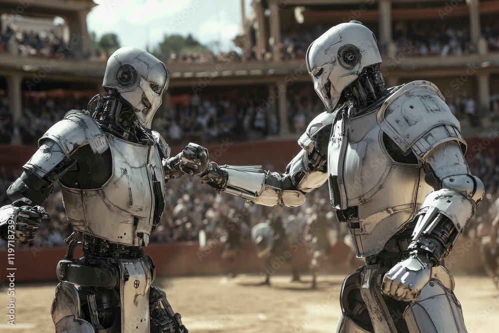 Two robots fist bumping in an arena. Two robots fist bumping in an arena.