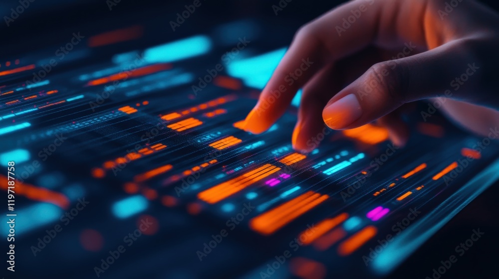 Futuristic Interface with Hand Touching Vibrant Data Visualization in Technology Concept Futuristic Interface with Hand Touching Vibrant Data Visualization in Technology Concept