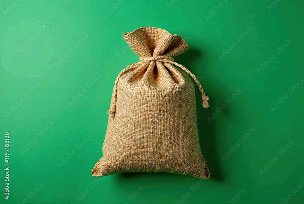 Burlap Sack on Green - Top View, High-Quality Image Burlap Sack on Green - Top View, High-Quality Image