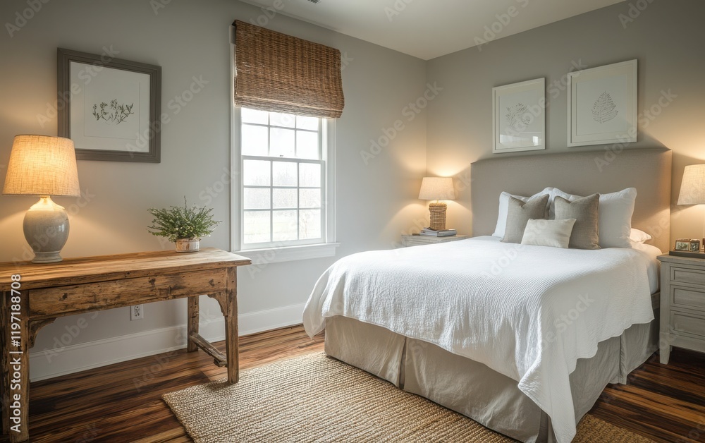Fototapeta premium A serene bedroom with a wood desk in a warm tone, a light gray bed, and wood floors, with soft, diffused light coming through a small window 