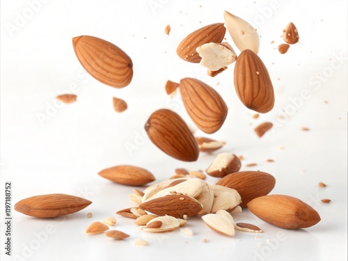 Flying in Air Fresh Raw Whole and Cut Almonds Isolated on White Background - Concept of Almonds Torn to Pieces.