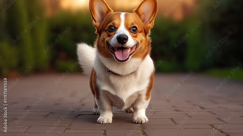 A Playful Dog Standing Proudly on a Charming Brick Walkway Surrounded by Lush Greenery and Soft Natural Light Creating a Joyful Outdoor Scene A Playful Dog Standing Proudly on a Charming Brick Walkway Surrounded by Lush Greenery and Soft Natural Light Creating a Joyful Outdoor Scene