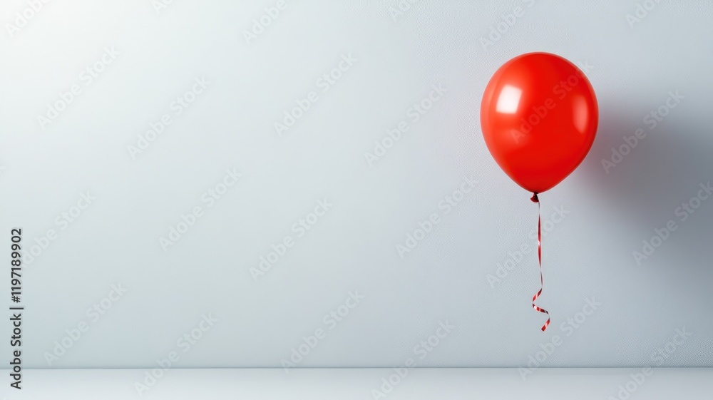 Single red balloon with ribbon, floating against plain white wall Single red balloon with ribbon, floating against plain white wall