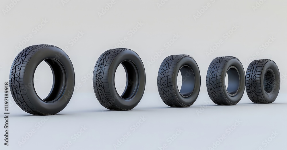 A row of five black tires showcasing different tread patterns and sizes. isolated on white background A row of five black tires showcasing different tread patterns and sizes. isolated on white background