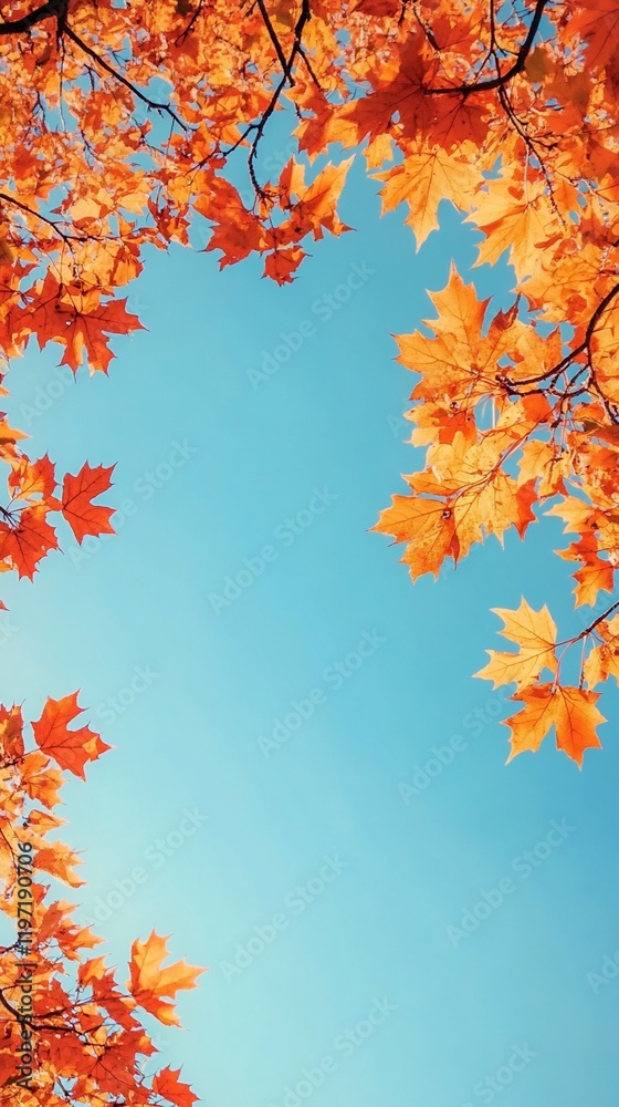 Autumn leaves frame blue sky; seasonal nature background Autumn leaves frame blue sky; seasonal nature background