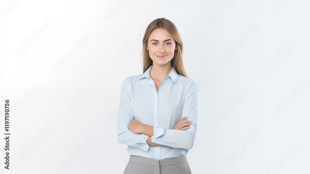 A 30 year old female professional exudes confidence and self-belief, dressed in a subtly colored shirt and posing with her arms crossed. Set against light backdrop. AI Generative. A 30 year old female professional exudes confidence and self-belief, dressed in a subtly colored shirt and posing with her arms crossed. Set against light backdrop. AI Generative.