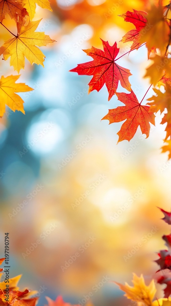 Autumn leaves frame, blurred background, fall season, nature scene, greeting card