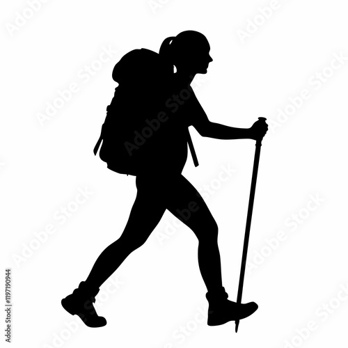 A woman is walking with a backpack and a walking stick. She is wearing shorts and a backpack