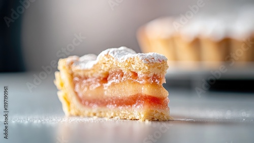 Slice of powdered sugar-topped fruit pie with layered filling on table