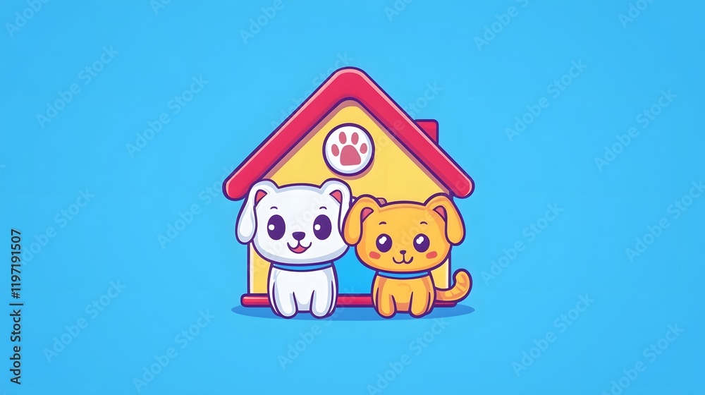 Cartoon Pet Duo Cuddling in Front of Doghouse with Light Blue Theme Cartoon Pet Duo Cuddling in Front of Doghouse with Light Blue Theme