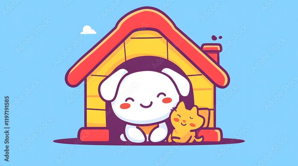 Naklejka premium Cartoon Pet Duo Cuddling in Front of Classic Blue Doghouse