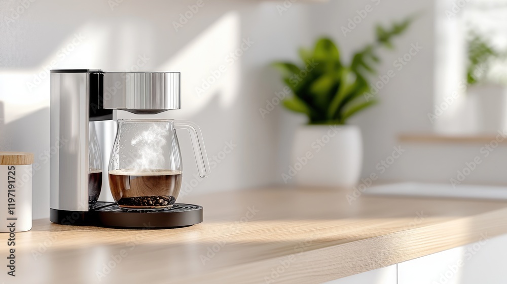 Modern coffee maker on wooden kitchen counter near plant, brewing fresh in glass pot Modern coffee maker on wooden kitchen counter near plant, brewing fresh in glass pot