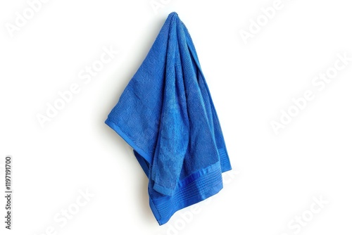 A blue towel hanging isolated on white background, ready for use.