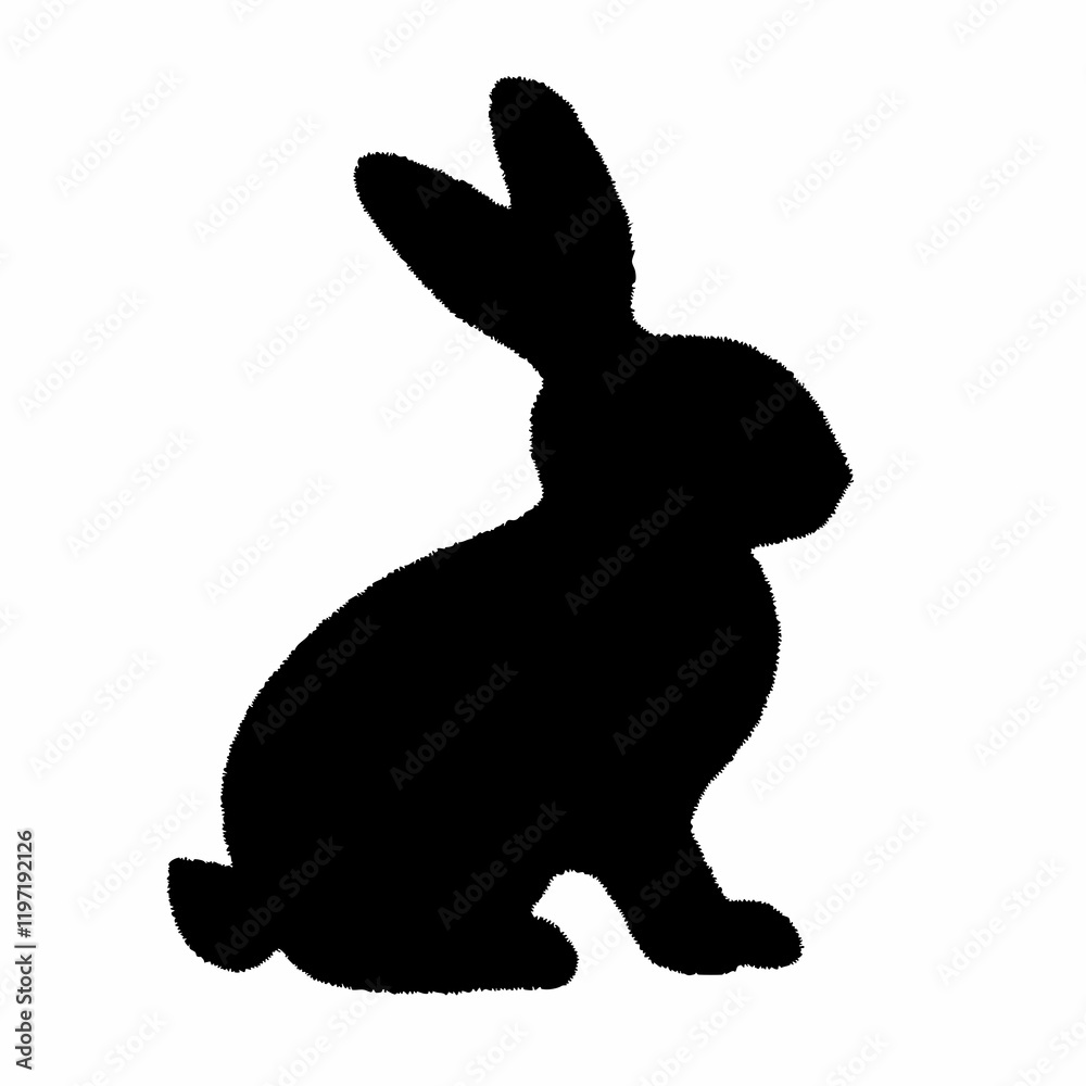 Obraz premium A black rabbit is sitting on the ground. It has a black body and white ears. The rabbit is looking up at the camera