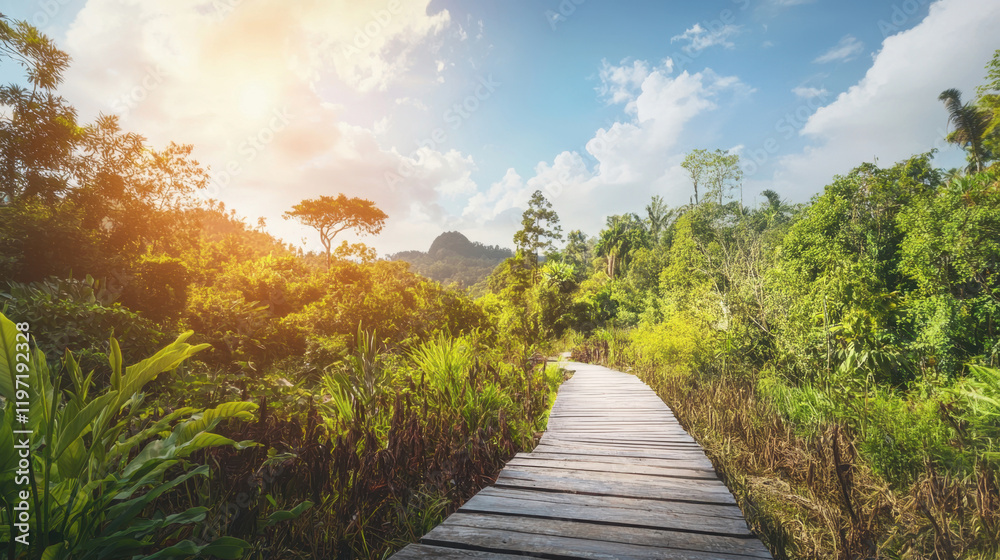 Obraz premium Scenic wooden boardwalk winding through a vibrant tropical forest under a bright sky, perfect for nature exploration.