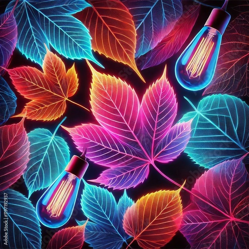Transparent bright autumn leaves in neon color
 photo