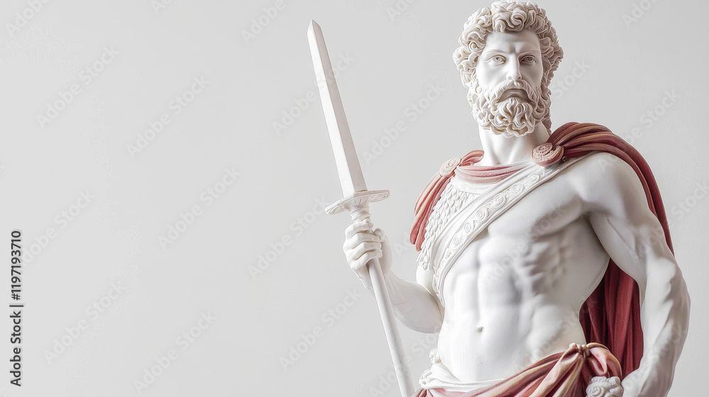 Obraz premium majestic ancient statue of muscular warrior holding sword, symbolizing strength and power
