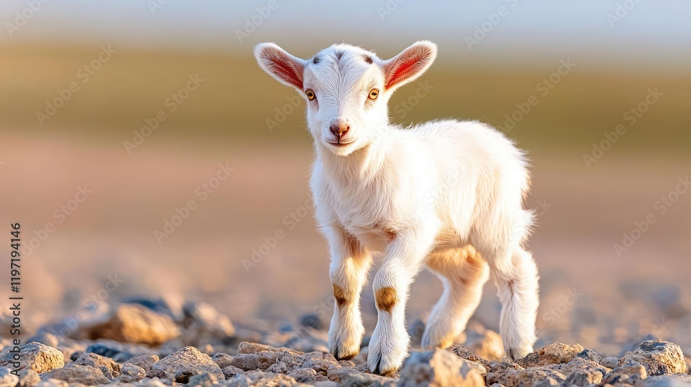 Fototapeta premium Cute white baby goat standing on a rocky ground in a sunny field during golden hour.