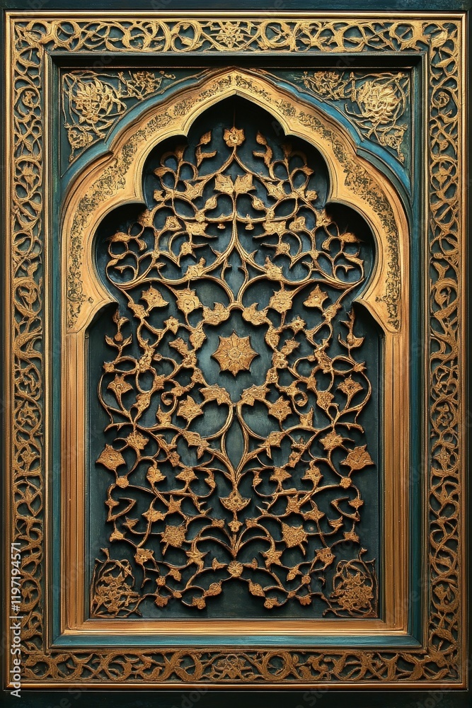 Intricate gold floral patterns on a blue surface.