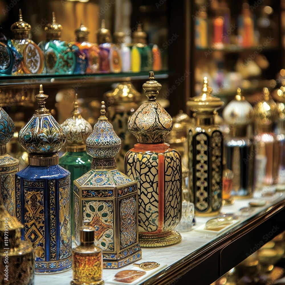 Decorative perfume bottles are on display shelves. Decorative perfume bottles are on display shelves.