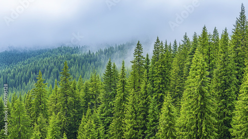 Lush green coniferous forest with misty mountains in background, creating serene and tranquil atmosphere