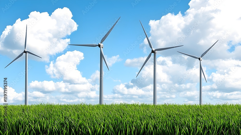 A vibrant image of four modern wind turbines positioned in a grassy field under a partly cloudy blue sky. A vibrant image of four modern wind turbines positioned in a grassy field under a partly cloudy blue sky.