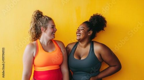 Two women, one African-American and one Caucasian, with curvier body types laughing in colorful workout outfits against a bright yellow wall, celebrating body positivity and friendship.