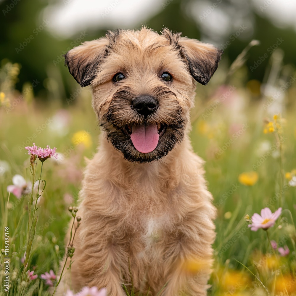 Happy Wheat Terrier Puppy in a Summer Meadow of Flowers Happy Wheat Terrier Puppy in a Summer Meadow of Flowers