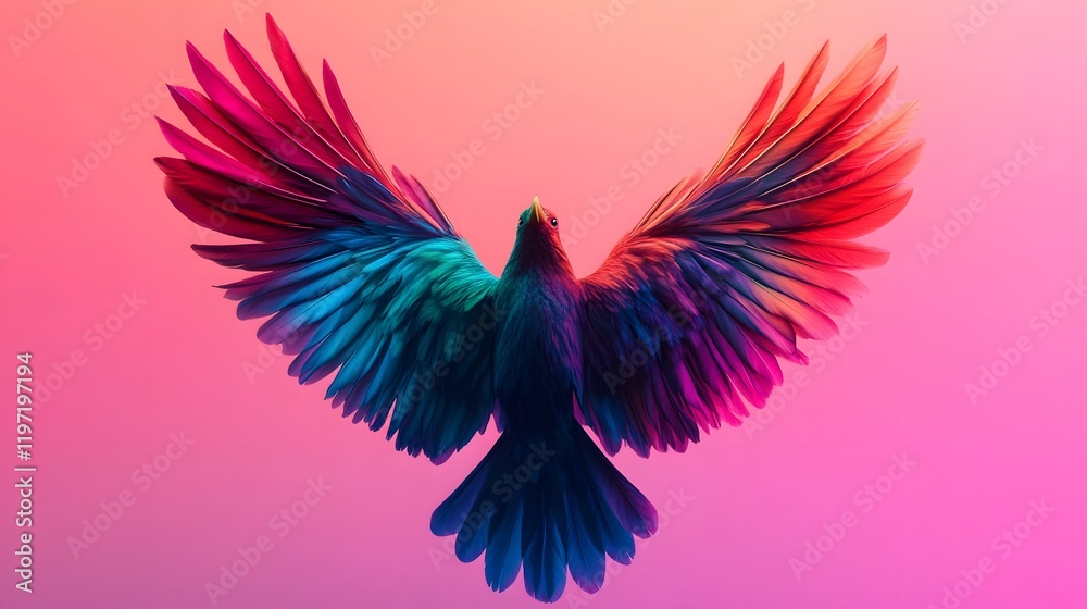 Obraz premium Vibrant Feathered Mystical Bird Soaring in Colorful Digital Artwork