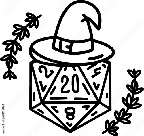 DND Dice Rpg board game character. Fantasy icosahedron wargame. 20-sided tabletop icon, cartoon style on white background