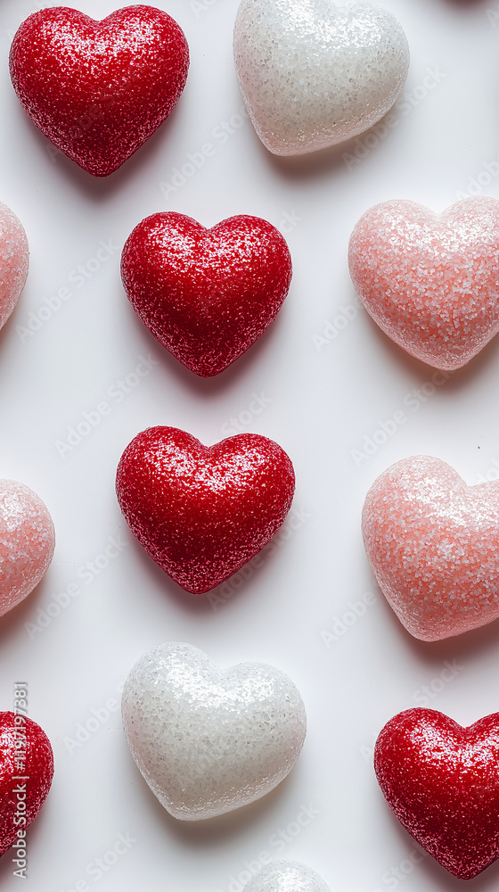 Obraz premium Abstract white, red, pink hearts, on a light background. Vertical image. Valentine's Day