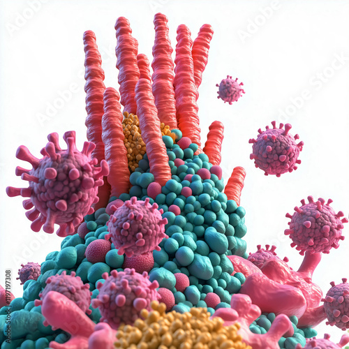 Detailed representation of viral structures and their interactions in a colorful, microscopic view photo