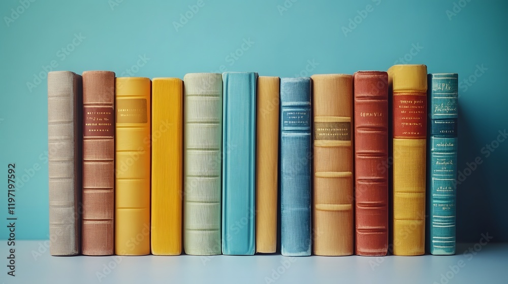 Naklejka premium Minimalist arrangement of neutral-colored books stands against soft light blue background. Simple composition features books on white surface with modern design aesthetic and soft shadows.