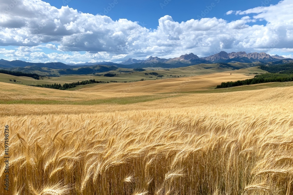 A panoramic view of a wheat field stretching to the horizon, with mountains visible in the distance A panoramic view of a wheat field stretching to the horizon, with mountains visible in the distance