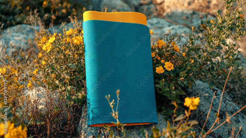 Colorful notebook placed among vibrant wildflowers in a natural setting during daylight