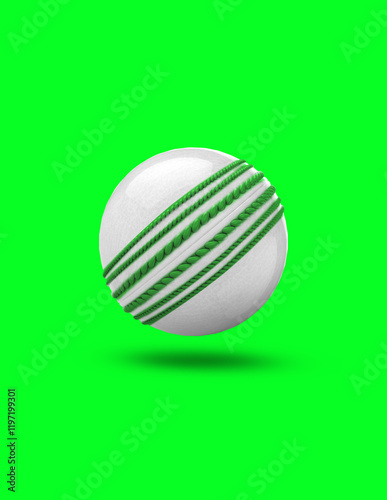 A close-up of a cricket ball on a vibrant green background, highlighting its texture and details, perfect for sports-themed imagery.