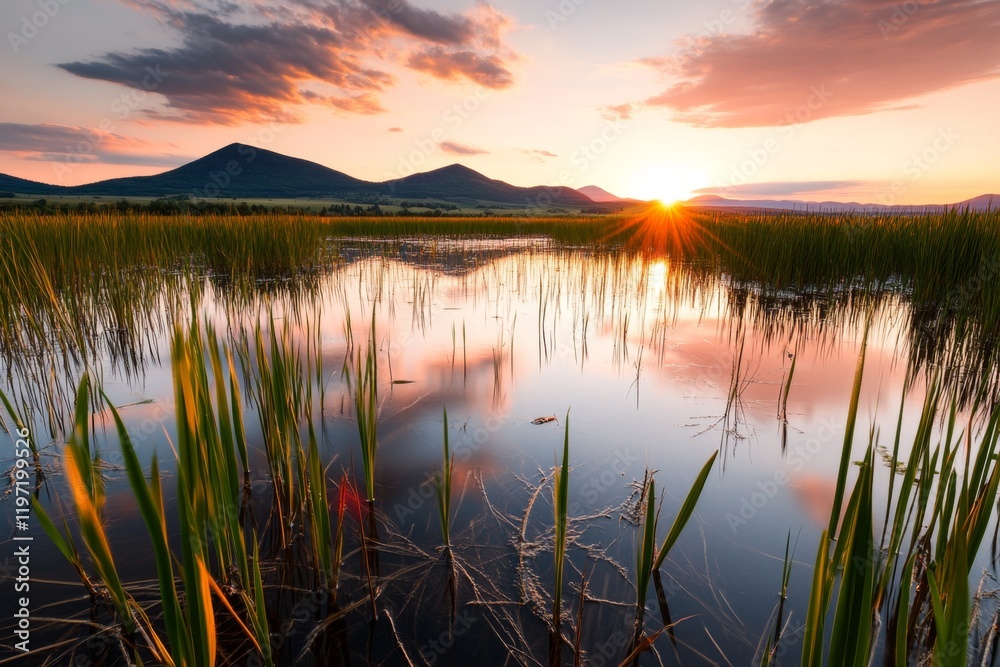 A peaceful pond at dusk, with cattails and dragonflies hovering above the water as the sky reflects shades of pink and orange A peaceful pond at dusk, with cattails and dragonflies hovering above the water as the sky reflects shades of pink and orange