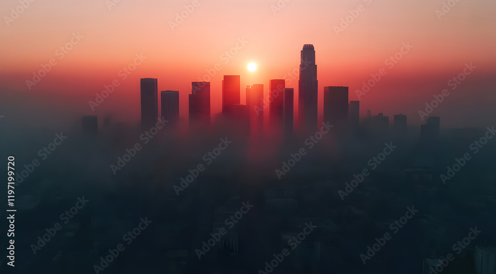 Fototapeta premium A stunning sunset casts a warm glow over a city skyline, enveloped in mist, creating a serene and atmospheric landscape.