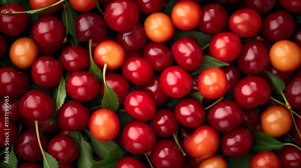 Cluster of Luscious Red Cherries with Fresh Green Stems on a Vibrant Background Cluster of Luscious Red Cherries with Fresh Green Stems on a Vibrant Background
